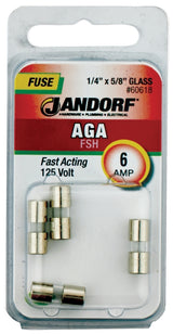 Jandorf 60618 Fast Acting Fuse, 6 A, 125 V, 1 kA Interrupt, Glass Body
