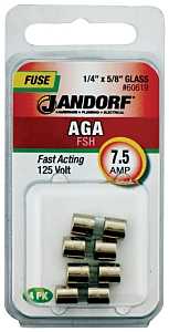 Jandorf 60619 Fast Acting Fuse, 7.5 A, 125 V, 1 kA Interrupt, Glass Body