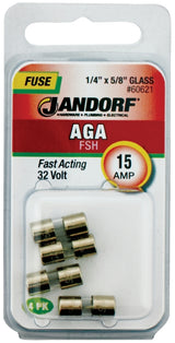 Jandorf 60621 Series Fast Acting Fuse, 0.005 Ohm, 15 A, 32 V, 1 kA Interrupt, Glass Body