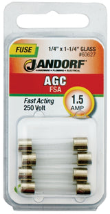 Jandorf 60627 Series Fast Acting Fuse, 0.11 Ohm, 1.5 A, 250 V, 100 A, 10 kA Interrupt, Glass Body
