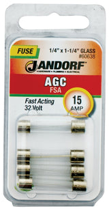 Jandorf 60638 Series Fast Acting Fuse, 0.006 Ohm, 15 A, 32 V, 1 kA Interrupt, Glass Body