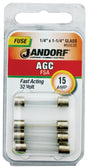 Jandorf 60638 Series Fast Acting Fuse, 0.006 Ohm, 15 A, 32 V, 1 kA Interrupt, Glass Body
