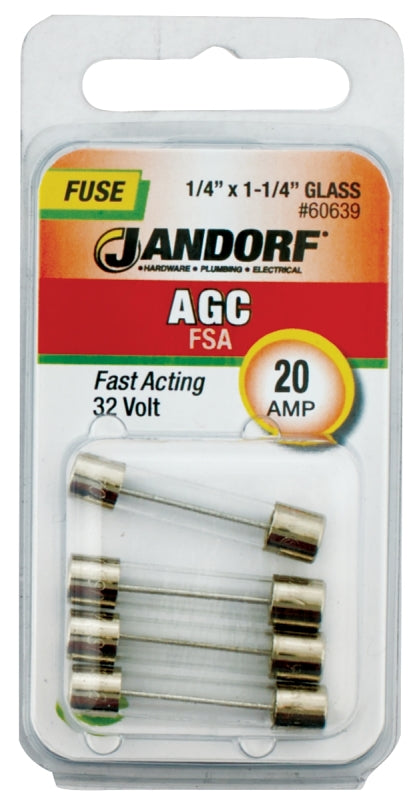 Jandorf 60639 Series Fast Acting Fuse, 0.004 Ohm, 20 A, 32 V, 1 kA Interrupt, Glass Body