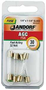 Jandorf 60641 Series Fast Acting Fuse, 0.002 Ohm, 30 A, 32 V, 1 kA Interrupt, Glass Body, 1-1/4 in Length