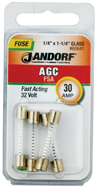 Jandorf 60641 Series Fast Acting Fuse, 0.002 Ohm, 30 A, 32 V, 1 kA Interrupt, Glass Body, 1-1/4 in Length