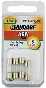 Jandorf 60649 Fast Acting Fuse, 6 A, 32 V, 10 kA Interrupt, Glass Body
