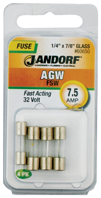 Jandorf 60650 Fast Acting Fuse, 7.5 A, 32 V, 10 kA Interrupt, Glass Body