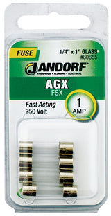 Jandorf 60655 Series Fast Acting Fuse, 0.11 Ohm, 1 A, 250 V, 35 A, 10 kA Interrupt, Glass Body, 1 in Length
