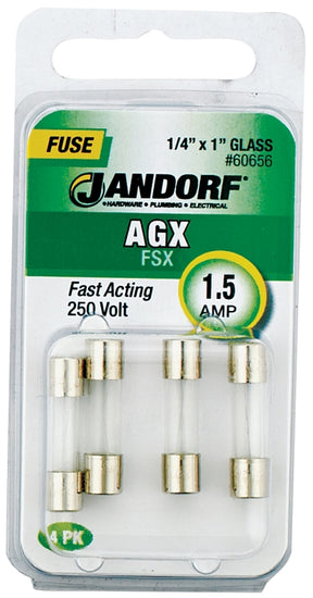 Jandorf 60656 Series Fast Acting Fuse, 0.06 Ohm, 1.5 A, 250 V, 100 A, 10 kA Interrupt, Glass Body