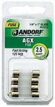 Jandorf 60658 Fast Acting Fuse, 2.5 A, 125 V, 100 A, 10 kA Interrupt, Glass Body