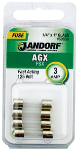 Jandorf 60659 Fast Acting Fuse, 3 A, 125 V, 100 A, 10 kA Interrupt, Glass Body