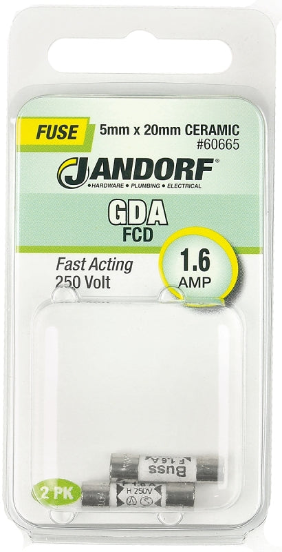 Jandorf 60665 Fast Acting Fuse, 0.11 Ohm, 1.6 A, 250 V, 1500 A Interrupt, Ceramic Body, 5 mm Dia