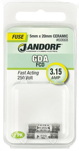 Jandorf 60668 Fast Acting Fuse, 0.03 Ohm, 3.15 A, 250 V, 1500 A Interrupt, Ceramic Body, 5 mm Dia