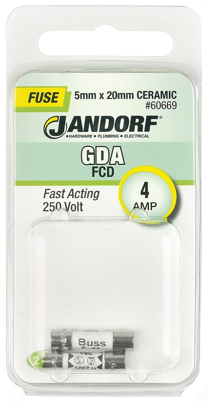 Jandorf 60669 Fast Acting Fuse, 0.02 Ohm, 4 A, 250 V, 1500 A Interrupt, Ceramic Body