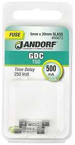 Jandorf 60673 Series Time Delay Fuse, 0.01 Ohm, 500 mA, 250 V, 35 A Interrupt, Glass Body