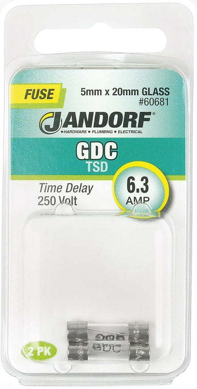 Jandorf 60681 Time Delay Fuse, 0.007 Ohm, 6.3 A, 250 V, 63 A Interrupt, Glass Body, 5 mm Dia