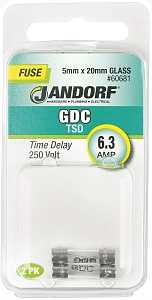 Jandorf 60681 Time Delay Fuse, 0.007 Ohm, 6.3 A, 250 V, 63 A Interrupt, Glass Body, 5 mm Dia