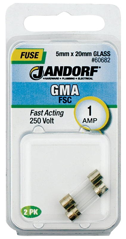 Jandorf 60682 Series Fast Acting Fuse, 0.16 Ohm, 1 A, 250 V, 35 A, 10 kA Interrupt, Glass Body