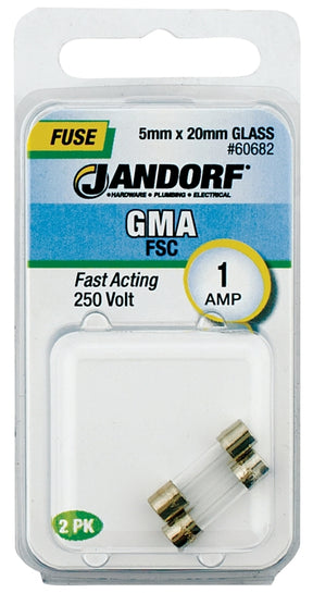Jandorf 60682 Series Fast Acting Fuse, 0.16 Ohm, 1 A, 250 V, 35 A, 10 kA Interrupt, Glass Body