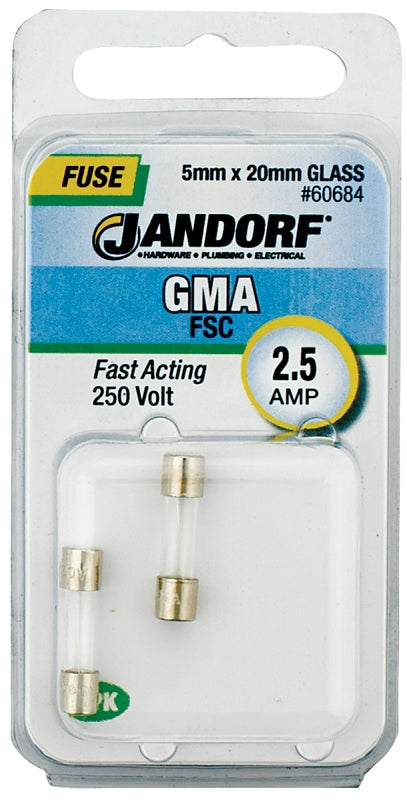 Jandorf 60684 Series Fast Acting Fuse, 0.04 Ohm, 2.5 A, 250 V, 100 A, 10 kA Interrupt, Glass Body
