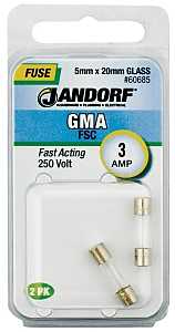 Jandorf 60685 Series Fast Acting Fuse, 0.03 Ohm, 3 A, 250 V, 100 A, 10 kA Interrupt, Glass Body