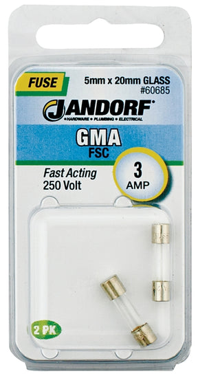 Jandorf 60685 Series Fast Acting Fuse, 0.03 Ohm, 3 A, 250 V, 100 A, 10 kA Interrupt, Glass Body