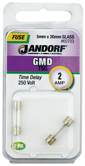 Jandorf 60703 Series Time Delay Fuse, 0.1 Ohm, 2 A, 250 V, 100 A, 10 kA Interrupt, Glass Body