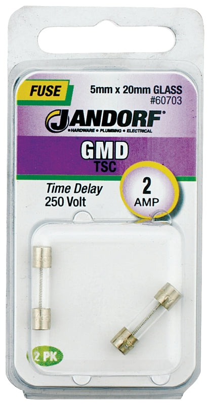 Jandorf 60703 Series Time Delay Fuse, 0.1 Ohm, 2 A, 250 V, 100 A, 10 kA Interrupt, Glass Body