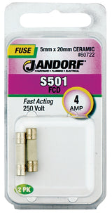 Jandorf 60722 Fast Acting Fuse, 0.02 Ohm, 4 A, 250 V, 1500 A Interrupt, Ceramic Body, 5 mm Dia