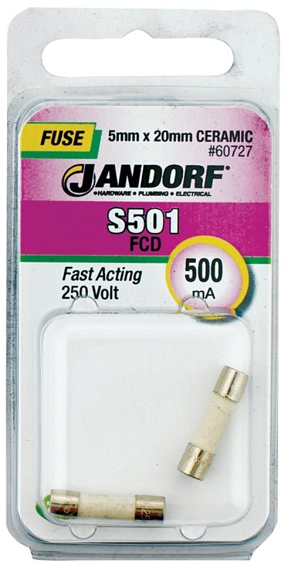 Jandorf 60727 Fast Acting Fuse, 0.46 Ohm, 500 mA, 250 V, 1500 A Interrupt, Ceramic Body, 5 mm Dia