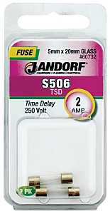 Jandorf 60732 Series Time Delay Fuse, 0.007 Ohm, 2 A, 250 V, 35 A Interrupt, Glass Body