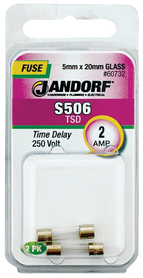 Jandorf 60732 Series Time Delay Fuse, 0.007 Ohm, 2 A, 250 V, 35 A Interrupt, Glass Body