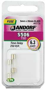 Jandorf 60736 Time Delay Fuse, 0.007 Ohm, 6.3 A, 250 V, 63 A Interrupt, Glass Body