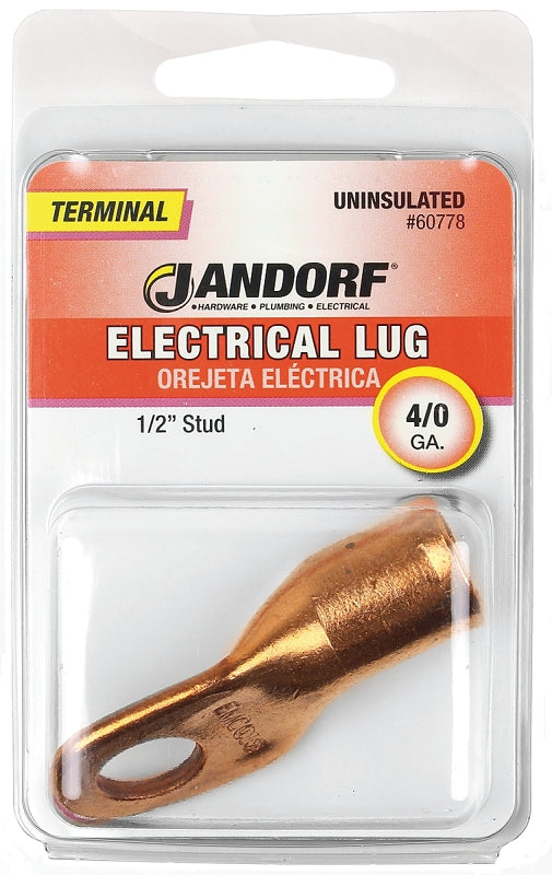 Jandorf 60778 Electrical Lug, 4/0 AWG Wire, 1/2 in Stud, Copper Contact, Brown