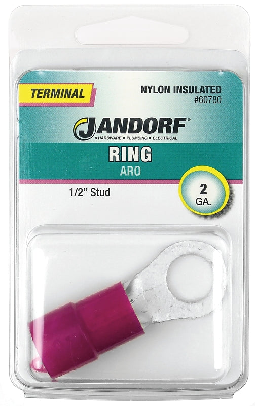 JANDORF 60780 Ring Terminal, 2 AWG Wire, 1/2 in Stud, Nylon Insulation, Copper Contact, Red
