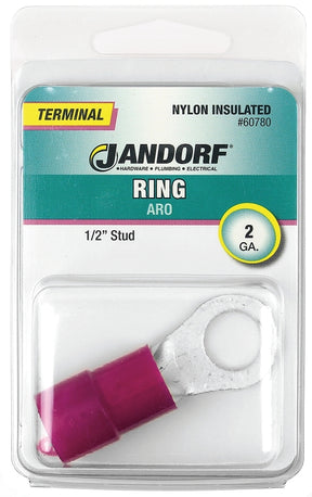 JANDORF 60780 Ring Terminal, 2 AWG Wire, 1/2 in Stud, Nylon Insulation, Copper Contact, Red