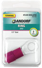 JANDORF 60780 Ring Terminal, 2 AWG Wire, 1/2 in Stud, Nylon Insulation, Copper Contact, Red