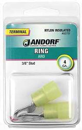 Jandorf 60781 Ring Terminal, 4 AWG Wire, 3/8 in Stud, Nylon Insulation, Copper Contact, Yellow