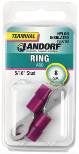 Jandorf 60790 Ring Terminal, 8 AWG Wire, 5/16 in Stud, Nylon Insulation, Copper Contact, Red