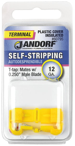 JANDORF 60795 Self Stripping Connector with 0.25 in Male Blades, 12 AWG Wire, 1/4 in Stud, Plastic Insulation, Yellow