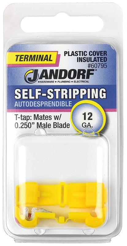 JANDORF 60795 Self Stripping Connector with 0.25 in Male Blades, 12 AWG Wire, 1/4 in Stud, Plastic Insulation, Yellow