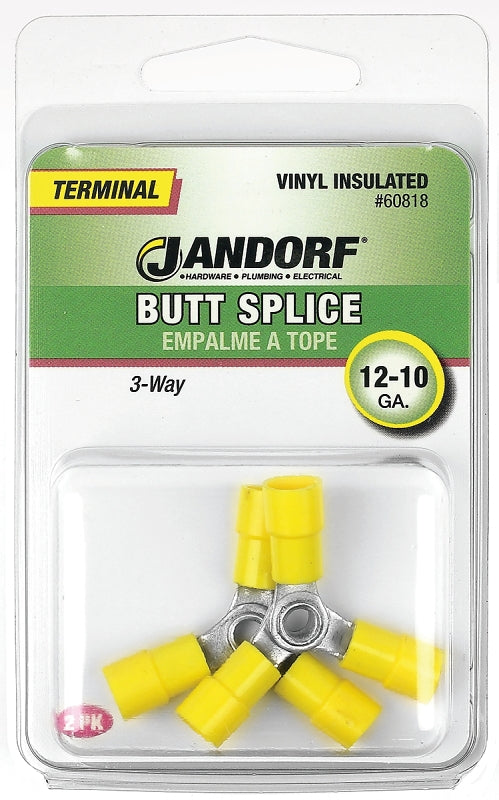 Jandorf 60818 Butt Splice Connector, 12 to 10 AWG Wire, Vinyl Insulation, Copper Contact, Yellow, Tin, 2/PK