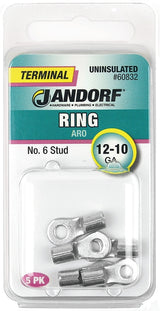 Jandorf 60832 Ring Terminal, 12 to 10 AWG Wire, #6 Stud, Copper Contact
