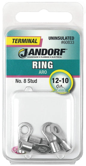 JANDORF 60833 High-Temperature Non-Insulated Ring Terminal, 12 to 10 AWG Wire, #8 Stud, Copper Contact