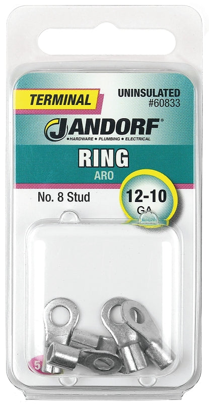 JANDORF 60833 High-Temperature Non-Insulated Ring Terminal, 12 to 10 AWG Wire, #8 Stud, Copper Contact