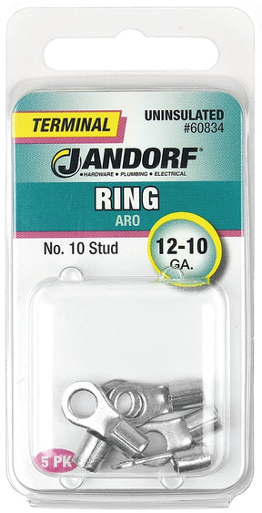 JANDORF 60834 High-Temperature Non-Insulated Ring Terminal, 12 to 10 AWG Wire, #10 Stud, Copper Contact