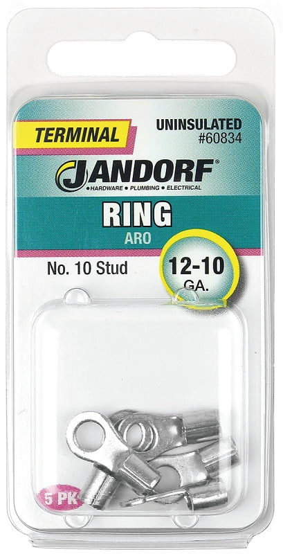JANDORF 60834 High-Temperature Non-Insulated Ring Terminal, 12 to 10 AWG Wire, #10 Stud, Copper Contact