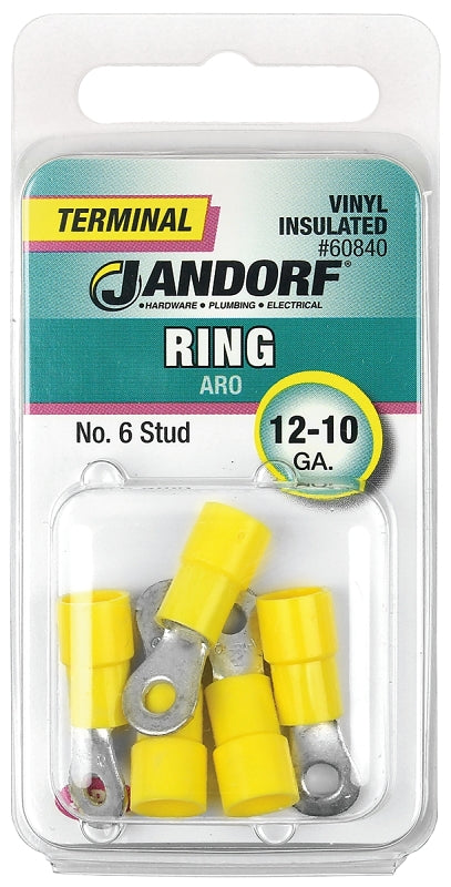 JANDORF 60840 Ring Terminal, 12 to 10 AWG Wire, #6 Stud, Vinyl Insulation, Copper Contact, Yellow