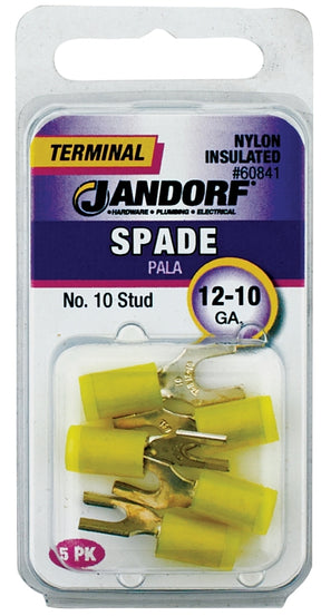 Jandorf 60841 Spade Terminal, 600 V, 12 to 10 AWG Wire, #10 Stud, Nylon Insulation, Copper Contact, Yellow