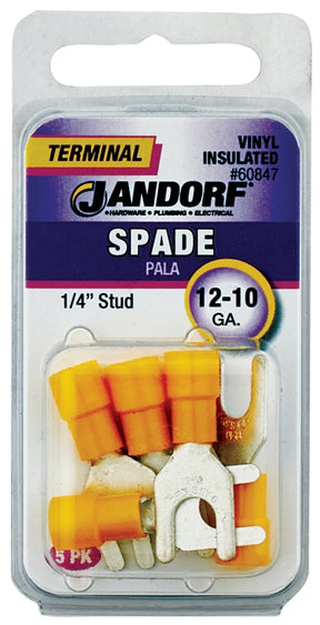 JANDORF 60847 Spade Terminal, 600 V, 12 to 10 AWG Wire, 1/4 in Stud, Vinyl Insulation, Copper Contact, Yellow
